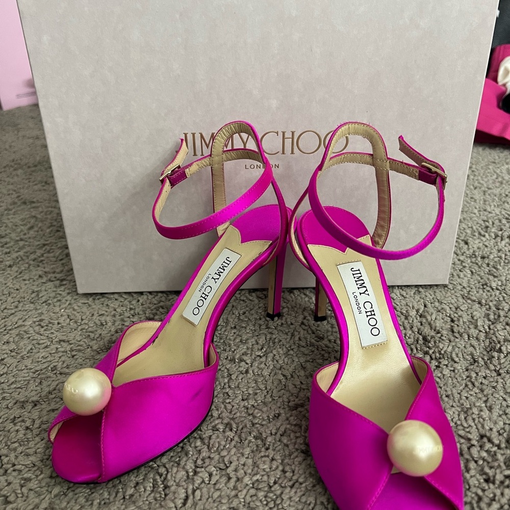 Jimmy Choo Pink Satin Heels with Pearl Detail